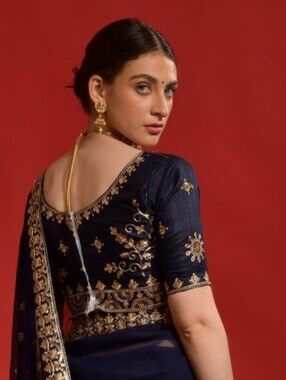 Embroidered Navy Blue Women's Blouse with Gold Detailing